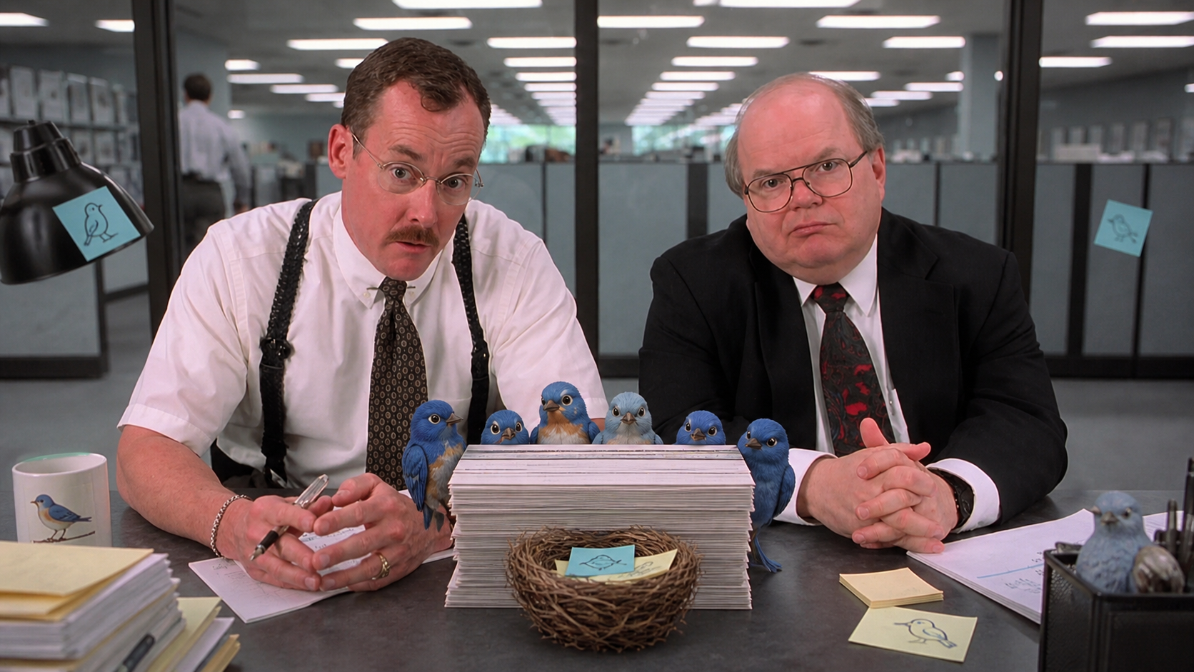 Two serious API reviewers surrounded by a flock of blue birds and a very large stack of papers.